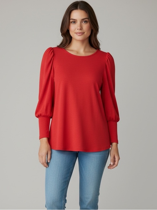 Amaryllis Tops - Amaryllis Red Puff Sleeve Knit Top Crew Neck Long Sleeve‎ Blouse large